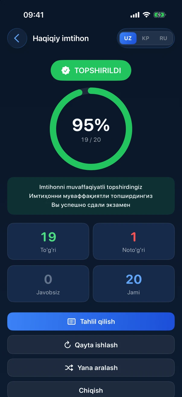 Imtihon natijasi: 19 / 20, topshirildi
